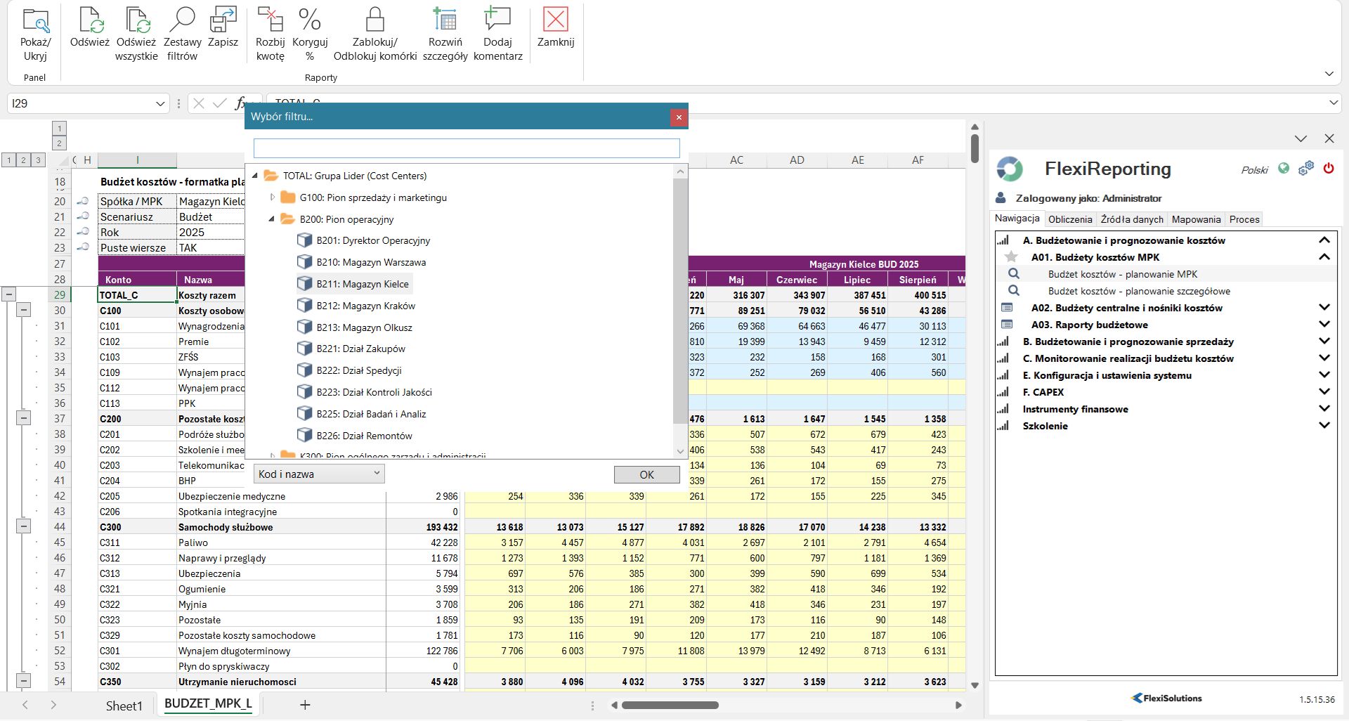 Budżet kosztów - formatka planistyczna w systemie FlexiEPM
