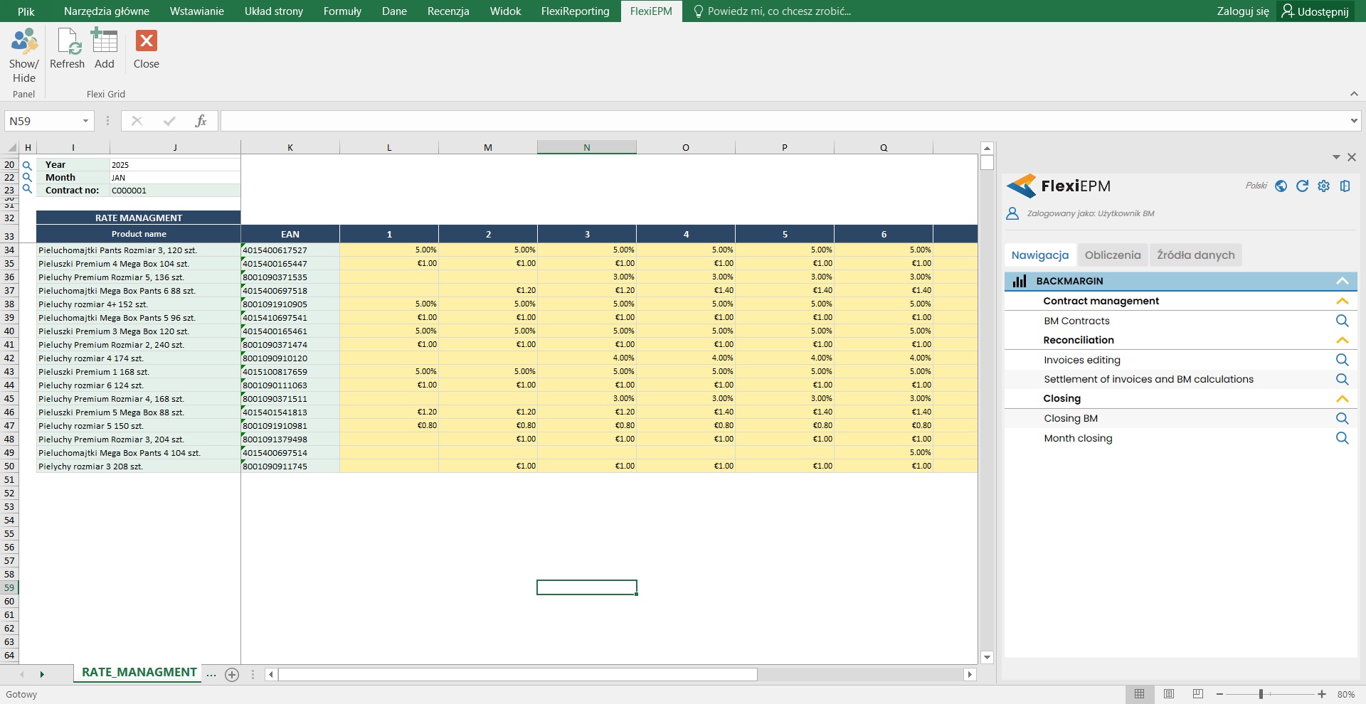 Formatka zarządzania produktami i stawkami kontraktu