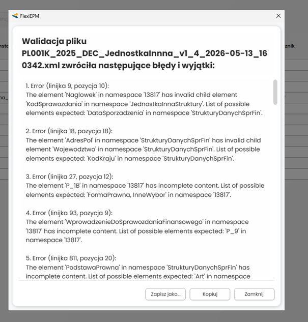 Przykład błędów podczas walidacji pliku XML w systemie FlexiEPM